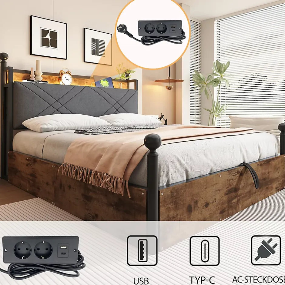 Okwish Lit Coffre Simple 90x190 cm - Baldaquin et Éclairage LED, Rangement Hydraulique Sous Sommier, Ports USB/Type-C, Sans Matelas, Noir Hot