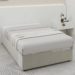 Okwish Lit Coffre Simple 90x200 cm - Lit Avec Vérin Pour Ouverture Facile, Bas et Moderne, Sans Tête de Lit, Sans Matelas, Velours Beige