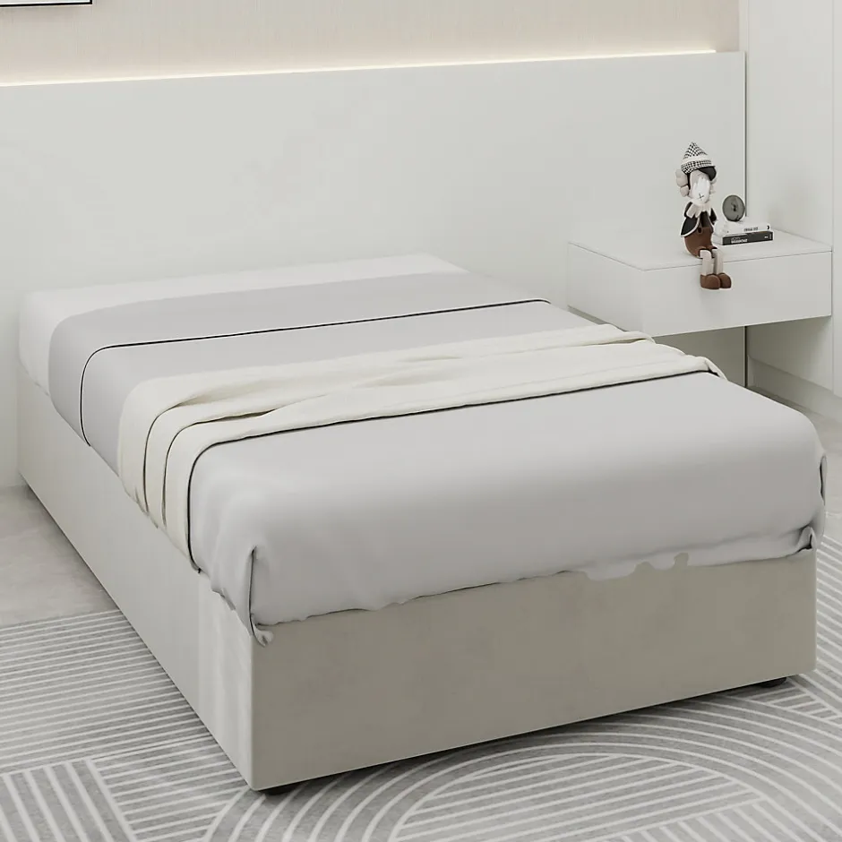 Okwish Lit Coffre Simple 90x200 cm - Lit Avec Vérin Pour Ouverture Facile, Bas et Moderne, Sans Tête de Lit, Sans Matelas, Velours Beige