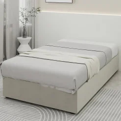 Okwish Lit Coffre Simple 90x200 cm - Lit Avec Vérin Pour Ouverture Facile, Bas et Moderne, Sans Tête de Lit, Sans Matelas, Velours Beige