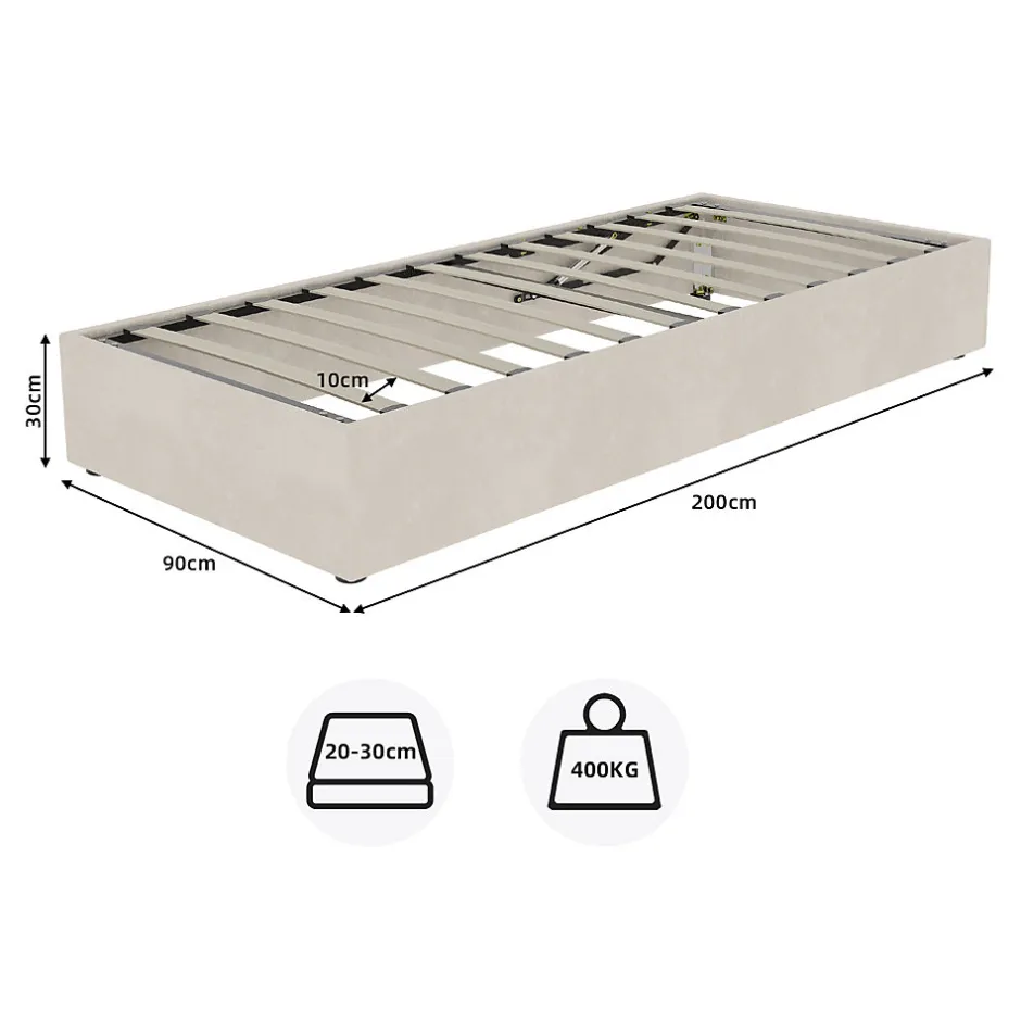 Okwish Lit Coffre Simple 90x200 cm - Lit Avec Vérin Pour Ouverture Facile, Bas et Moderne, Sans Tête de Lit, Sans Matelas, Velours Beige