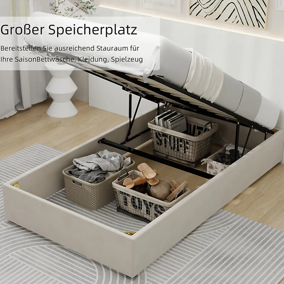 Okwish Lit Coffre Simple 90x200 cm - Lit Avec Vérin Pour Ouverture Facile, Bas et Moderne, Sans Tête de Lit, Sans Matelas, Velours Beige