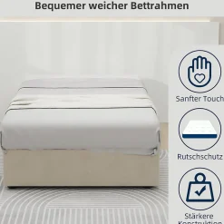 Okwish Lit Coffre Simple 90x200 cm - Lit Avec Vérin Pour Ouverture Facile, Bas et Moderne, Sans Tête de Lit, Sans Matelas, Velours Beige