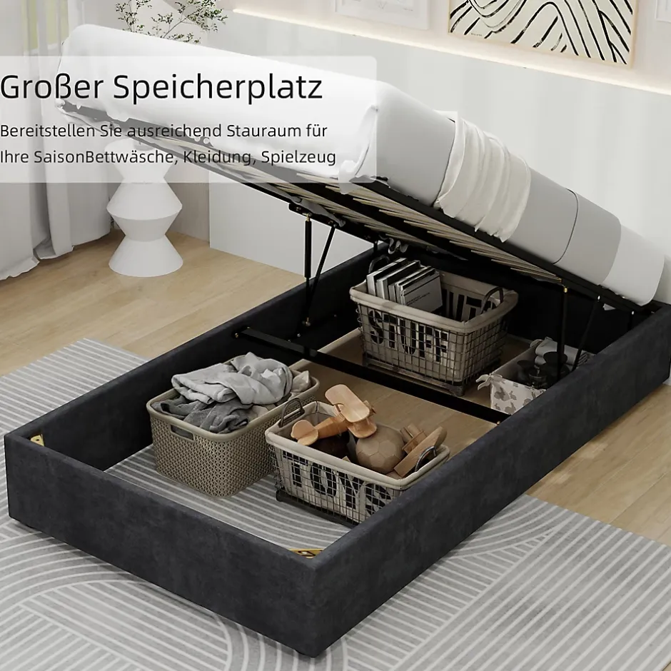 Okwish Lit Coffre Simple 90x200 cm - Lit Avec Vérin Pour Ouverture Facile, Bas et Moderne, Sans Tête de Lit, Sans Matelas, Velours Gris Best