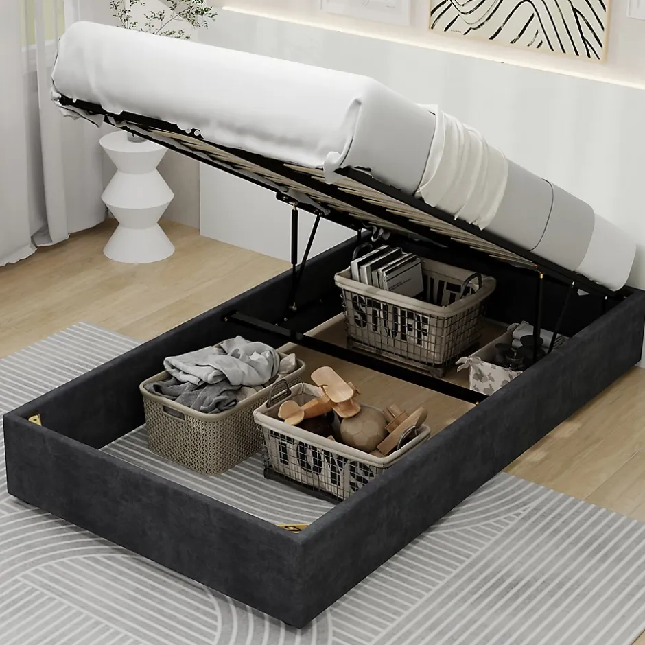 Okwish Lit Coffre Simple 90x200 cm - Lit Avec Vérin Pour Ouverture Facile, Bas et Moderne, Sans Tête de Lit, Sans Matelas, Velours Gris Best