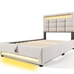 Okwish Lit Coffre Simple 90x200 Cm - Lit Coffre Enfant/Ado Avec LED Et USB, Système Hydraulique De Rangement, Tissu En Lin, Beige