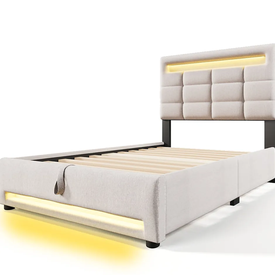 Okwish Lit Coffre Simple 90x200 Cm - Lit Coffre Enfant/Ado Avec LED Et USB, Système Hydraulique De Rangement, Tissu En Lin, Beige