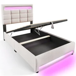 Okwish Lit Coffre Simple 90x200 Cm - Lit Coffre Enfant/Ado Avec LED Et USB, Système Hydraulique De Rangement, Tissu En Lin, Beige