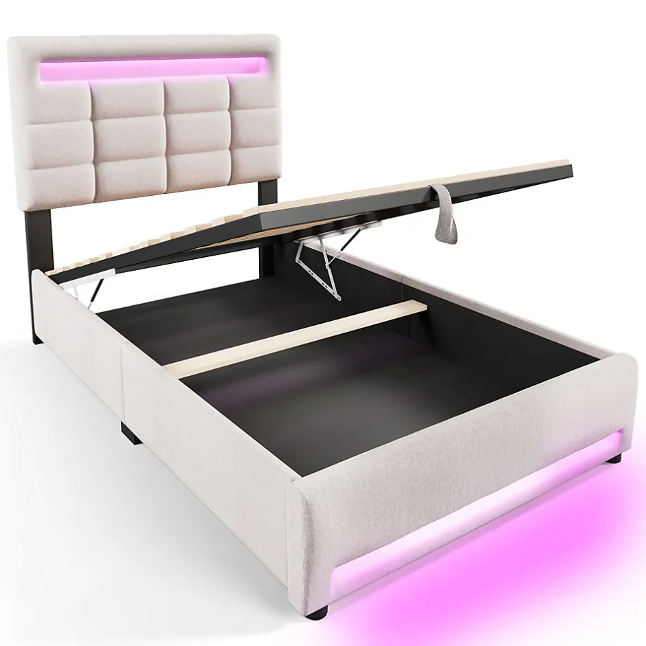 Okwish Lit Coffre Simple 90x200 Cm - Lit Coffre Enfant/Ado Avec LED Et USB, Système Hydraulique De Rangement, Tissu En Lin, Beige