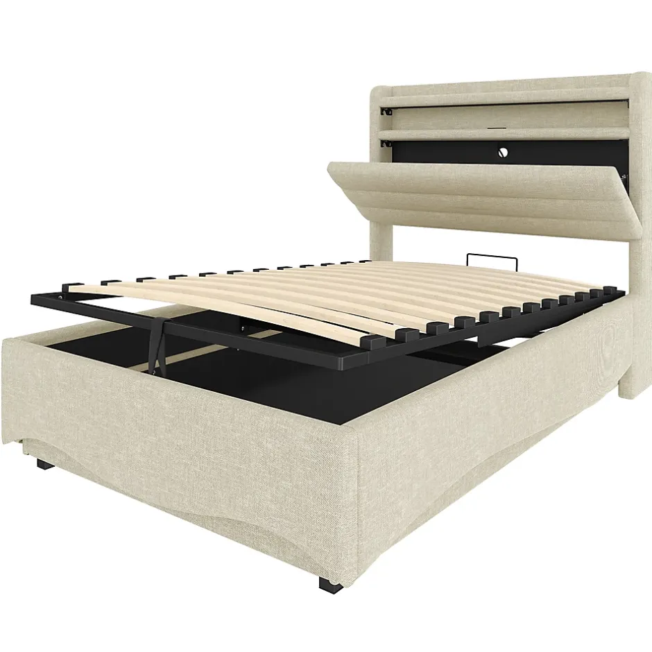 Okwish Lit Coffre Simple 90x200 cm - Lit Enfant Capitonné avec LED, Ports USB et Rangement sous Le Lit, Tissu Lin, Beige Clearance