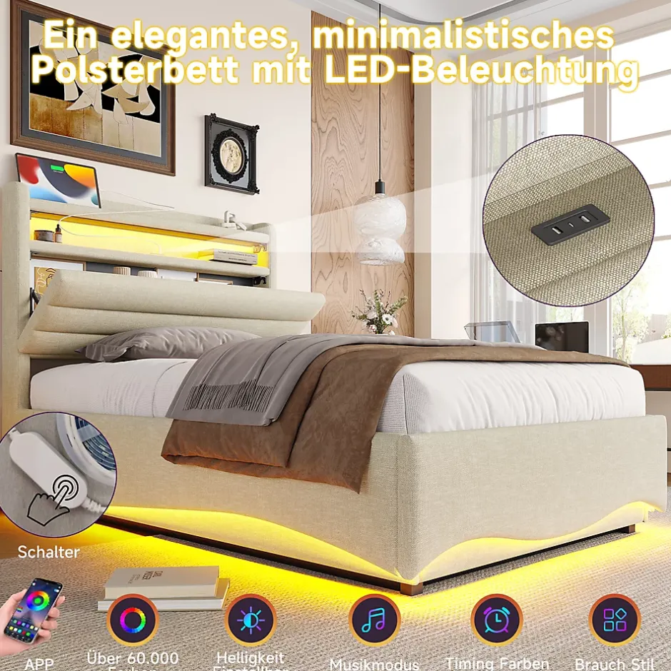 Okwish Lit Coffre Simple 90x200 cm - Lit Enfant Capitonné avec LED, Ports USB et Rangement sous Le Lit, Tissu Lin, Beige Clearance