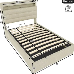 Okwish Lit Coffre Simple 90x200 cm - Lit Enfant Capitonné avec LED, Ports USB et Rangement sous Le Lit, Tissu Lin, Beige Clearance