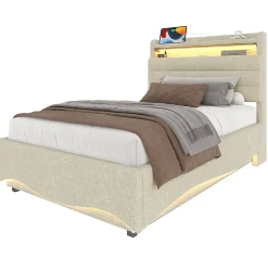 Okwish Lit Coffre Simple 90x200 cm - Lit Enfant Capitonné avec LED, Ports USB et Rangement sous Le Lit, Tissu Lin, Beige Clearance