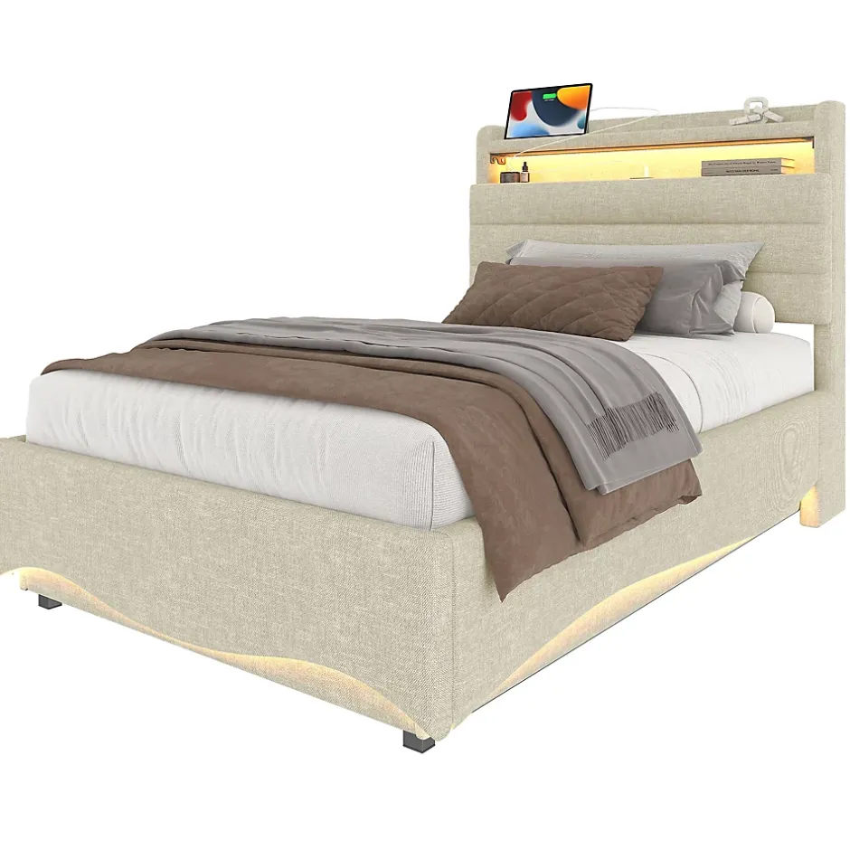 Okwish Lit Coffre Simple 90x200 cm - Lit Enfant Capitonné avec LED, Ports USB et Rangement sous Le Lit, Tissu Lin, Beige Clearance