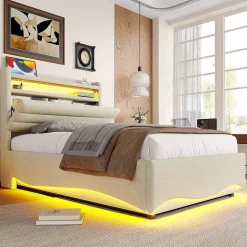 Okwish Lit Coffre Simple 90x200 cm - Lit Enfant Capitonné avec LED, Ports USB et Rangement sous Le Lit, Tissu Lin, Beige Clearance