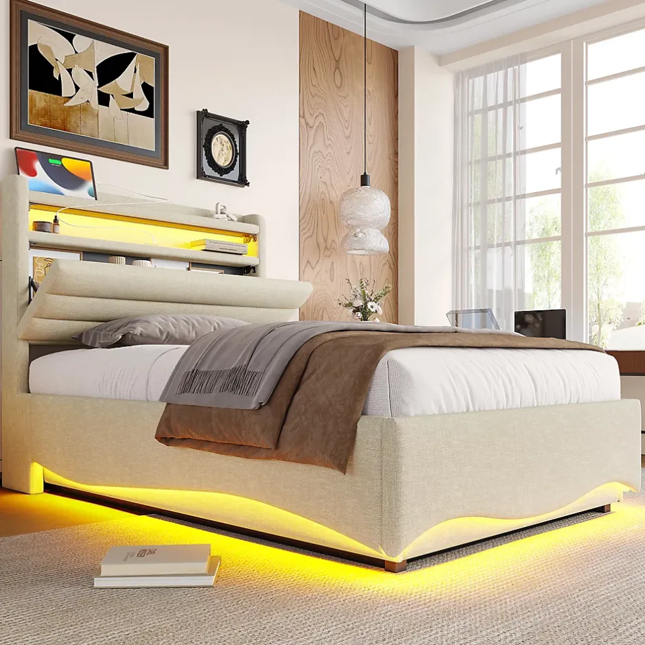 Okwish Lit Coffre Simple 90x200 cm - Lit Enfant Capitonné avec LED, Ports USB et Rangement sous Le Lit, Tissu Lin, Beige Clearance