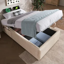 Okwish Lit Coffre Simple 90x200 cm avec Rangement Intégré et Port USB-C, Cadre Bois et Lin Beige, Sans Matelas Sale