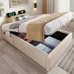 Okwish Lit Coffre Simple 90x200 cm avec Rangement Intégré et Port USB-C, Cadre Bois et Lin Beige, Sans Matelas Sale