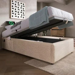 Okwish Lit Coffre Simple 90x200 cm avec Rangement Intégré et Port USB-C, Cadre Bois et Lin Beige, Sans Matelas Sale