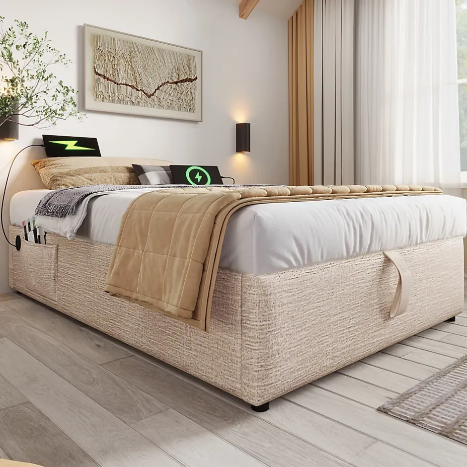 Okwish Lit Coffre Simple 90x200 cm avec Rangement Intégré et Port USB-C, Cadre Bois et Lin Beige, Sans Matelas Sale