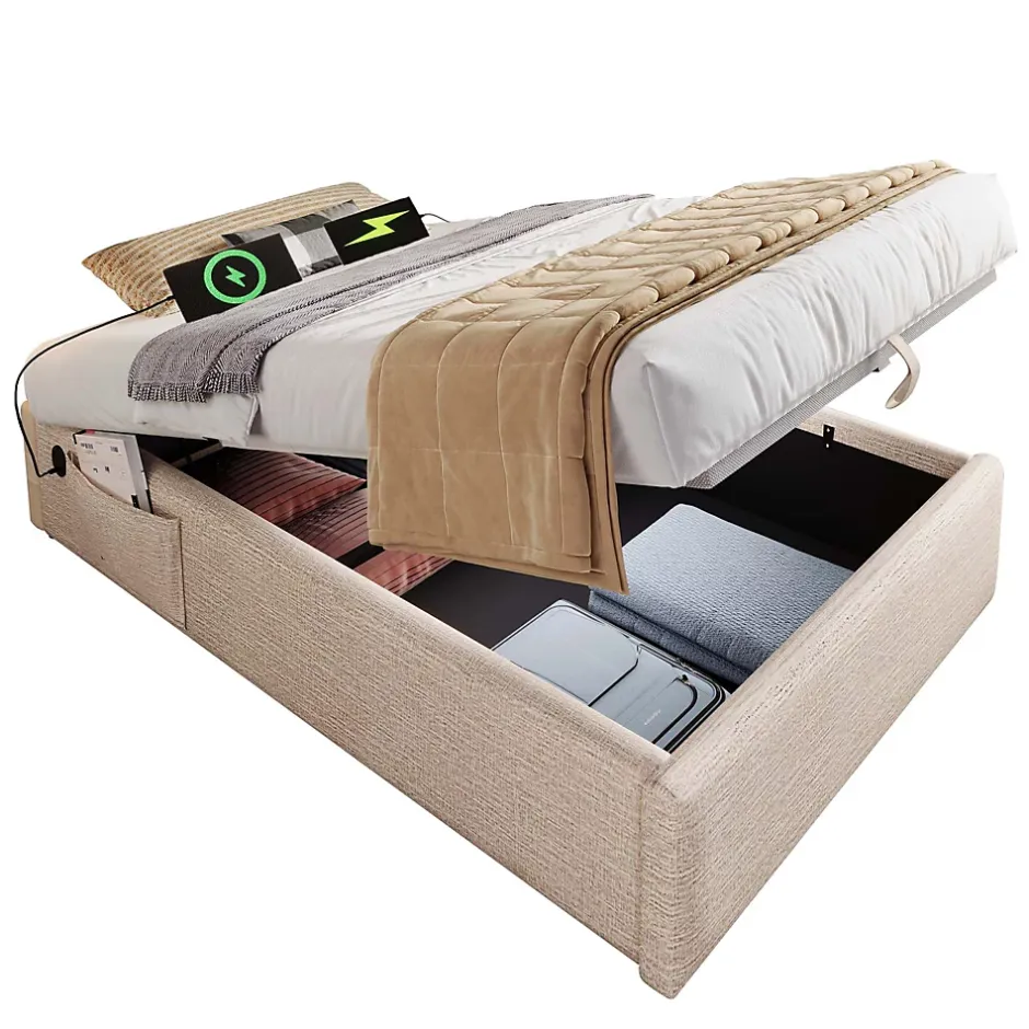Okwish Lit Coffre Simple 90x200 cm avec Rangement Intégré et Port USB-C, Cadre Bois et Lin Beige, Sans Matelas Sale