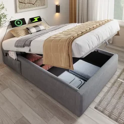 Okwish Lit Coffre Simple 90x190 cm avec Rangement Intégré et Port USB-C, Cadre Métal et Coton Gris, Sans Matelas Outlet