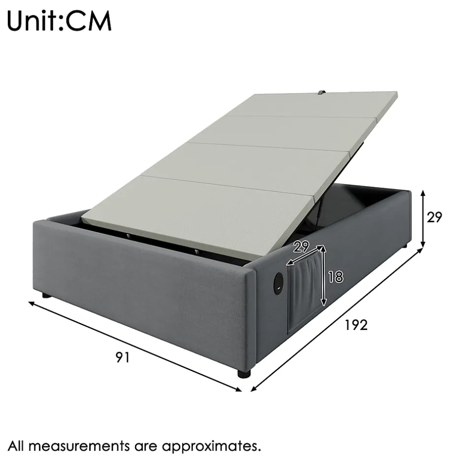 Okwish Lit Coffre Simple 90x190 cm avec Rangement Intégré et Port USB-C, Cadre Métal et Coton Gris, Sans Matelas Outlet