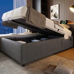 Okwish Lit Coffre Simple 90x190 cm avec Rangement Intégré et Port USB-C, Cadre Métal et Coton Gris, Sans Matelas Outlet