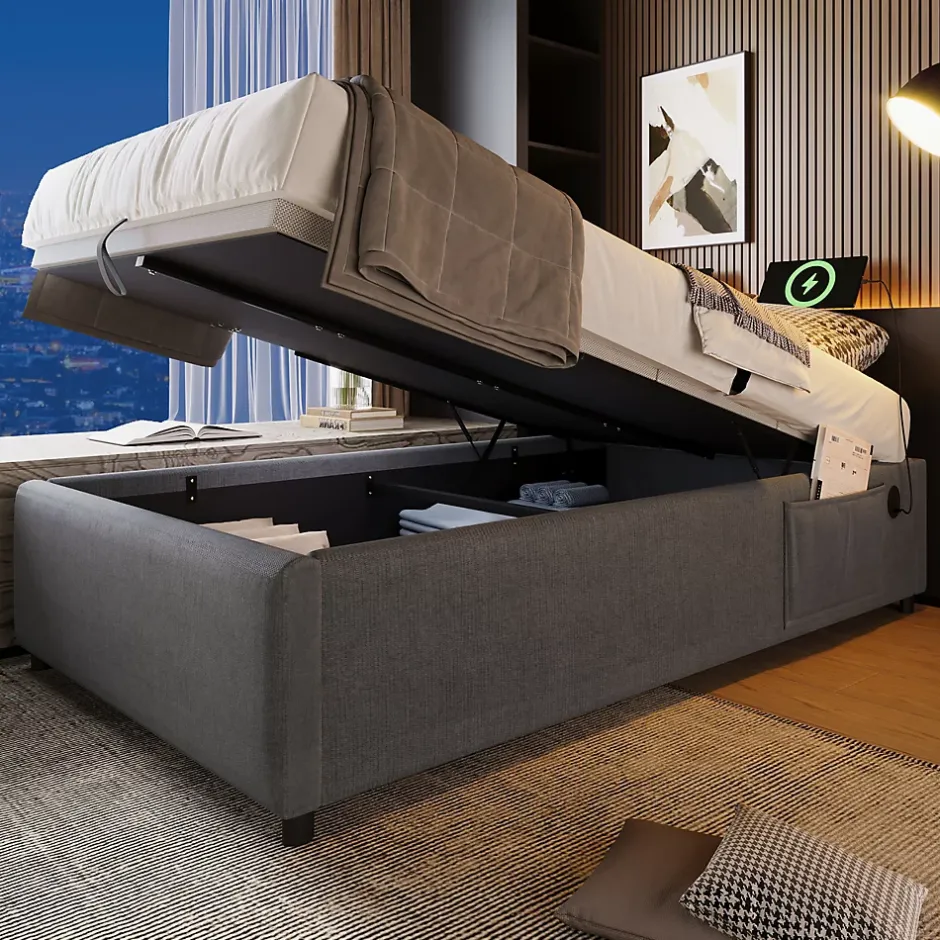 Okwish Lit Coffre Simple 90x190 cm avec Rangement Intégré et Port USB-C, Cadre Métal et Coton Gris, Sans Matelas Outlet
