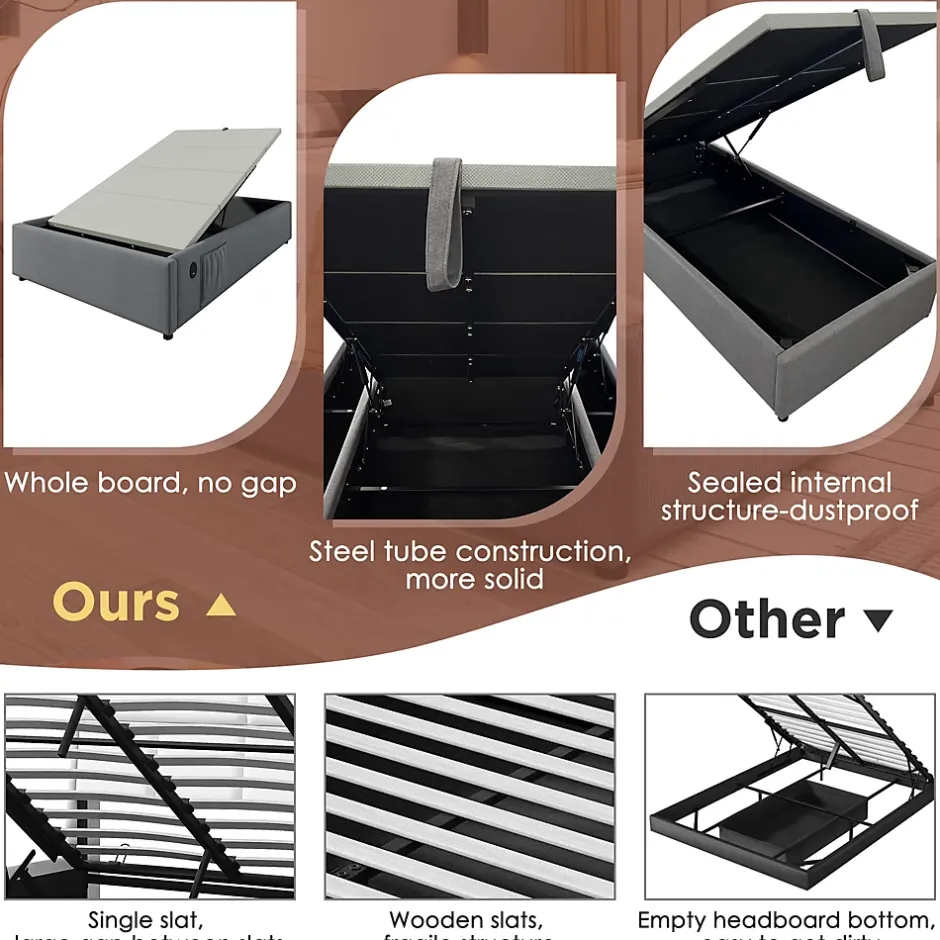 Okwish Lit Coffre Simple 90x190 cm avec Rangement Intégré et Port USB-C, Cadre Métal et Coton Gris, Sans Matelas Outlet