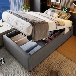 Okwish Lit Coffre Simple 90x190 cm avec Rangement Intégré et Port USB-C, Cadre Métal et Coton Gris, Sans Matelas Outlet