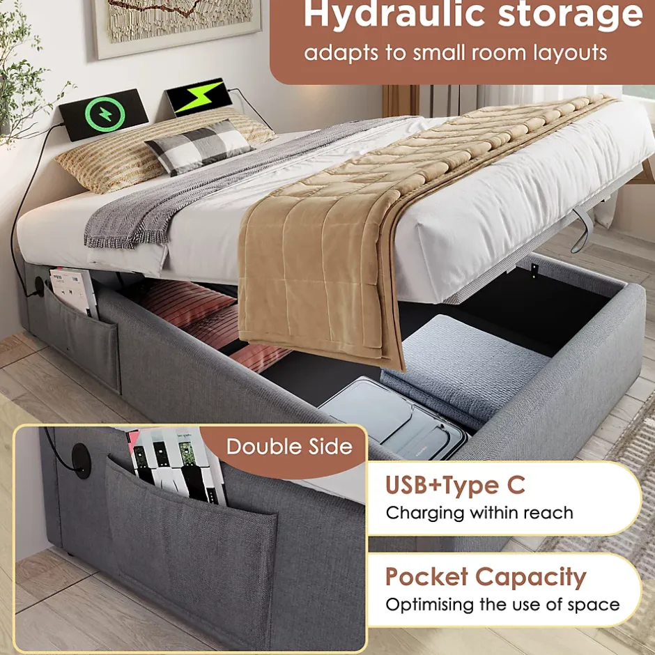 Okwish Lit Coffre Simple 90x190 cm avec Rangement Intégré et Port USB-C, Cadre Métal et Coton Gris, Sans Matelas Outlet