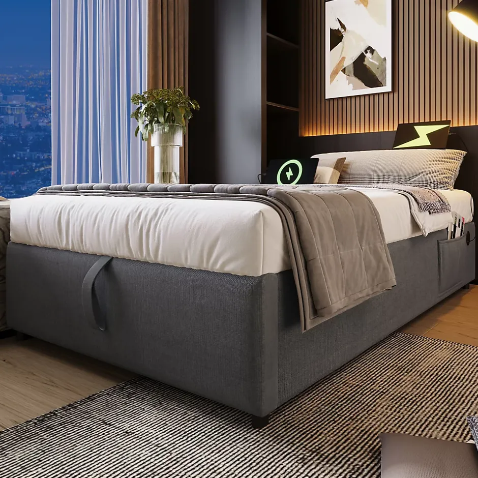 Okwish Lit Coffre Simple 90x190 cm avec Rangement Intégré et Port USB-C, Cadre Métal et Coton Gris, Sans Matelas Outlet
