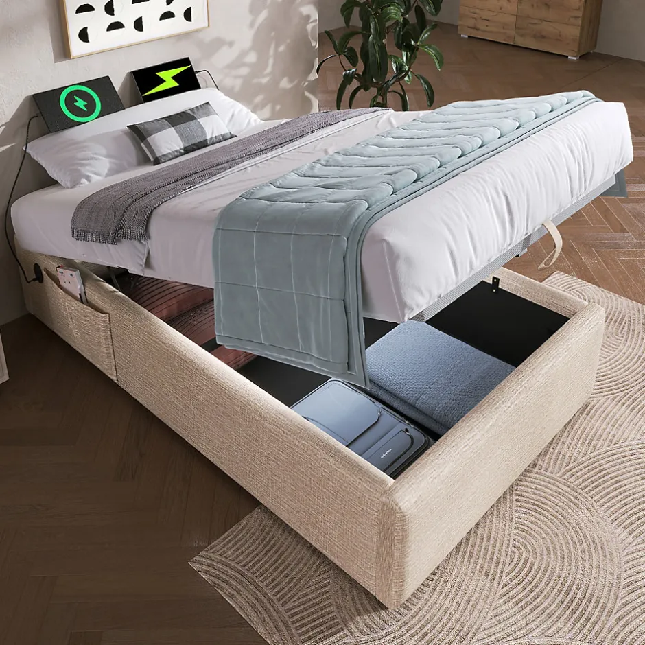 Okwish Lit Coffre Simple 90x190 cm avec Rangement Intégré et Port USB-C, Cadre Métal et Lin Naturel, Sans Matelas
