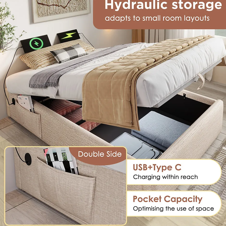 Okwish Lit Coffre Simple 90x190 cm avec Rangement Intégré et Port USB-C, Cadre Métal et Lin Naturel, Sans Matelas