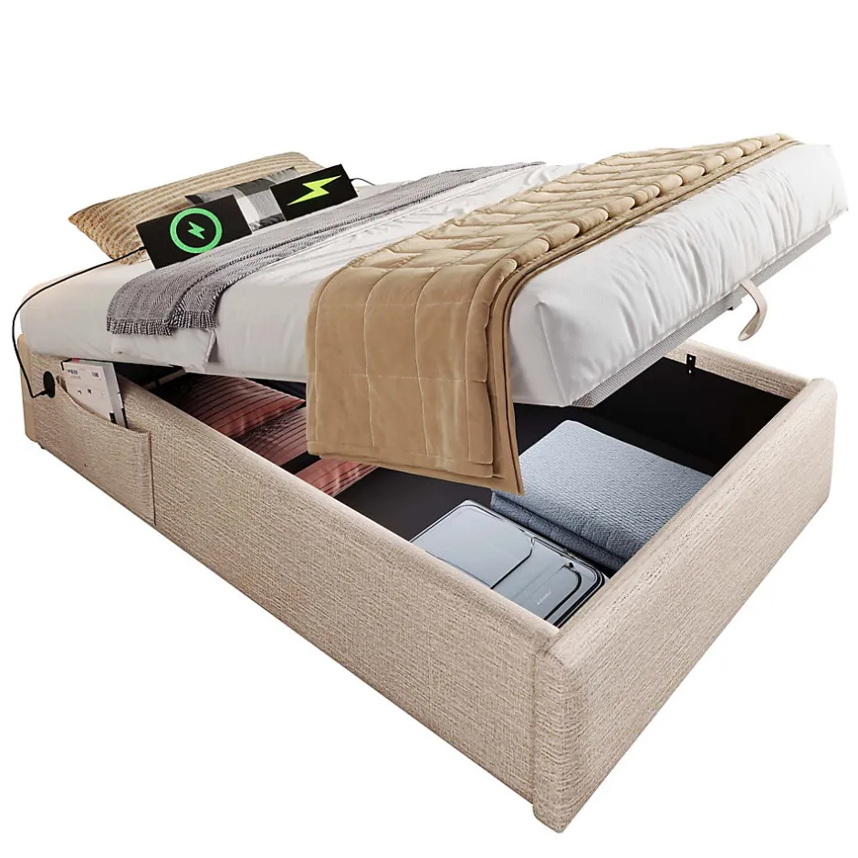Okwish Lit Coffre Simple 90x190 cm avec Rangement Intégré et Port USB-C, Cadre Métal et Lin Naturel, Sans Matelas