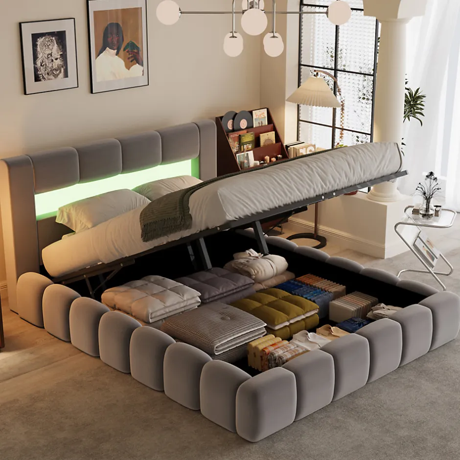 Concept Usine Lit coffre style nuage LED 160x200cm velours gris avec tête de lit et sommier - OMAHA