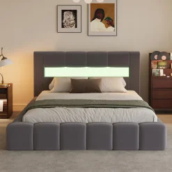 Concept Usine Lit coffre style nuage LED 160x200cm velours gris avec tête de lit et sommier - OMAHA