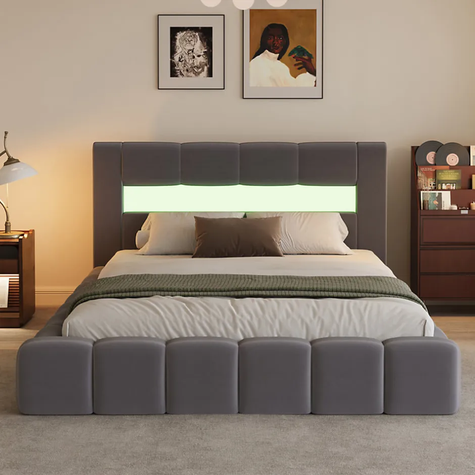 Concept Usine Lit coffre style nuage LED 160x200cm velours gris avec tête de lit et sommier - OMAHA