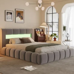 Concept Usine Lit coffre style nuage LED 160x200cm velours gris avec tête de lit et sommier - OMAHA