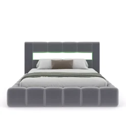 Concept Usine Lit coffre style nuage LED 160x200cm velours gris avec tête de lit et sommier - OMAHA