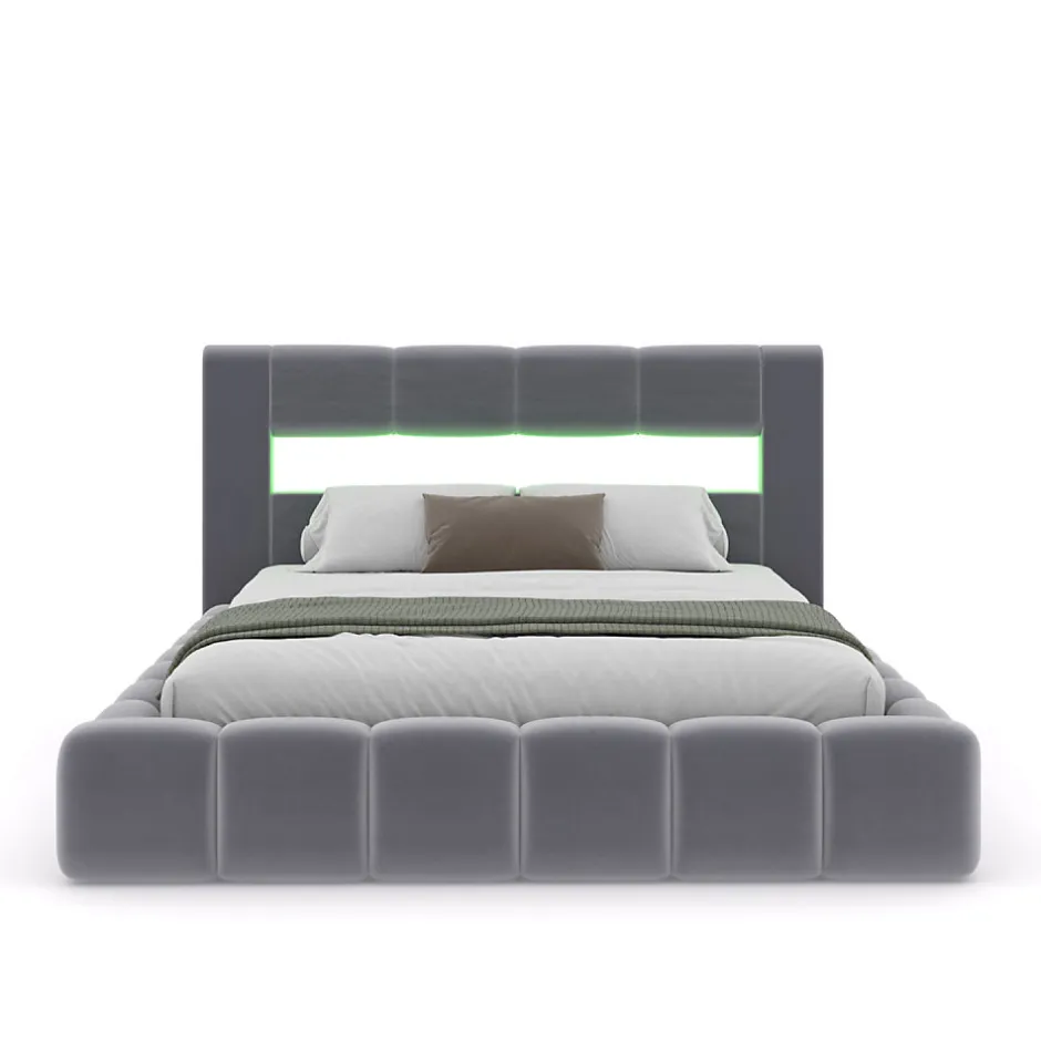 Concept Usine Lit coffre style nuage LED 160x200cm velours gris avec tête de lit et sommier - OMAHA