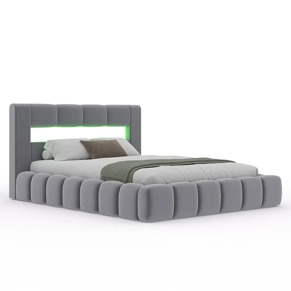 Concept Usine Lit coffre style nuage LED 160x200cm velours gris avec tête de lit et sommier - OMAHA