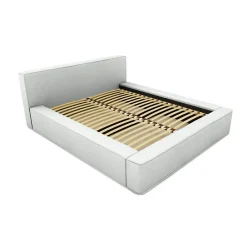 Meublorama Lit coffre VELORA Blanc bouclé 180x200 cm Tissu effet laine Sommier relevable Rangement intégré Discount