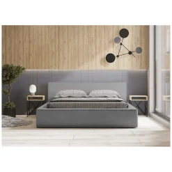 Meublorama Lit coffre VELORA Gris sable bouclé 140x200 cm Tissu velours doux Sommier relevable Rangement intégré