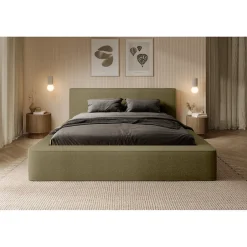 Meublorama Lit coffre VELORA Olive bouclé 160x200 cm Tissu velours doux Sommier relevable Rangement intégré