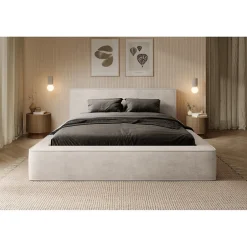 Meublorama Lit coffre VELORA Perle 160x200 cm Tissu velours doux Sommier relevable Rangement intégré