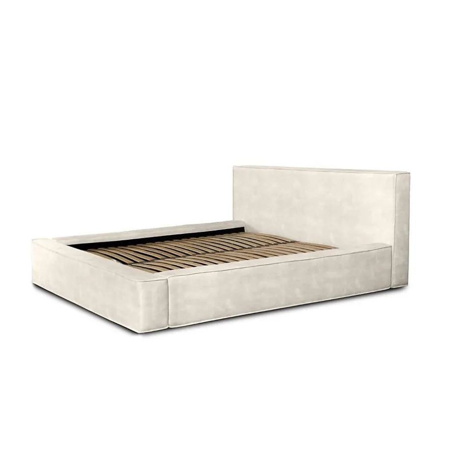 Meublorama Lit coffre VELORA Perle 160x200 cm Tissu velours doux Sommier relevable Rangement intégré