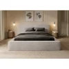 Meublorama Lit coffre VELORA Sable 140x200 cm Tissu velours doux Sommier relevable Rangement intégré
