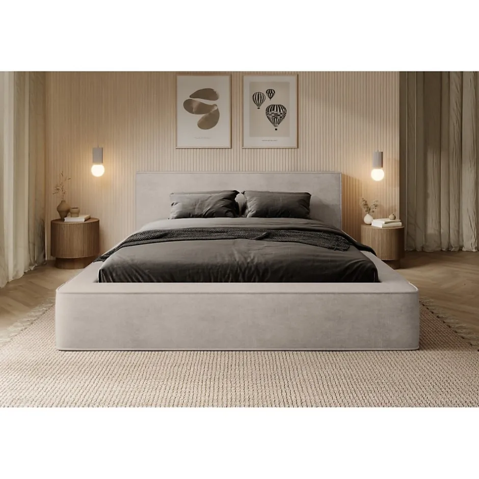 Meublorama Lit coffre VELORA Sable 140x200 cm Tissu velours doux Sommier relevable Rangement intégré